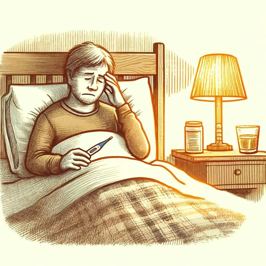 Illustration of a sick adult in bed